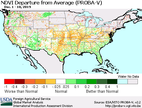 United States NDVI Departure from Average (PROBA-V) Thematic Map For 12/1/2019 - 12/10/2019
