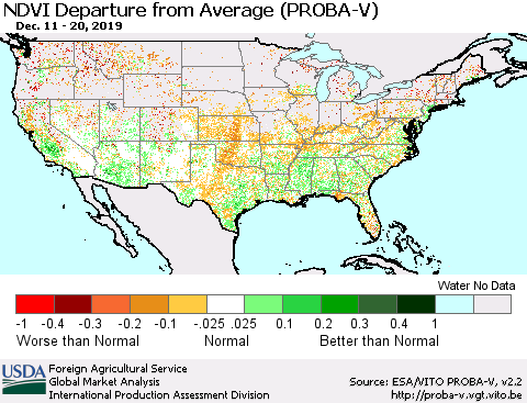 United States NDVI Departure from Average (PROBA-V) Thematic Map For 12/11/2019 - 12/20/2019