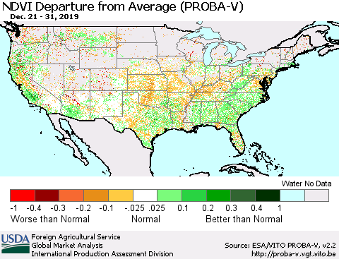 United States NDVI Departure from Average (PROBA-V) Thematic Map For 12/21/2019 - 12/31/2019
