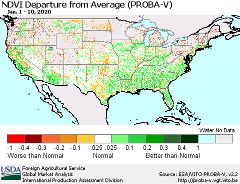 United States NDVI Departure from Average (PROBA-V) Thematic Map For 1/1/2020 - 1/10/2020