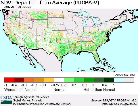 United States NDVI Departure from Average (PROBA-V) Thematic Map For 1/21/2020 - 1/31/2020