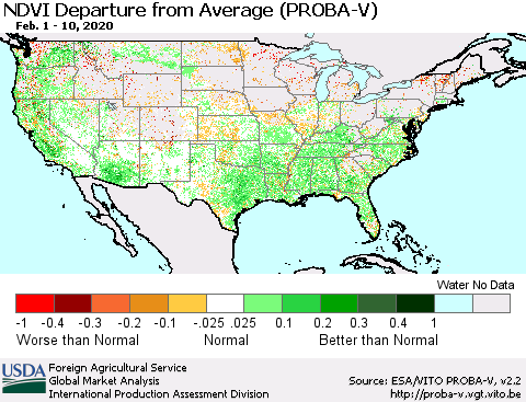 United States NDVI Departure from Average (PROBA-V) Thematic Map For 2/1/2020 - 2/10/2020