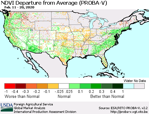 United States NDVI Departure from Average (PROBA-V) Thematic Map For 2/11/2020 - 2/20/2020