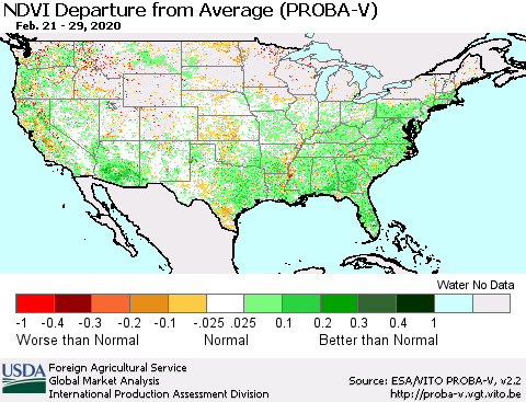 United States NDVI Departure from Average (PROBA-V) Thematic Map For 2/21/2020 - 2/29/2020