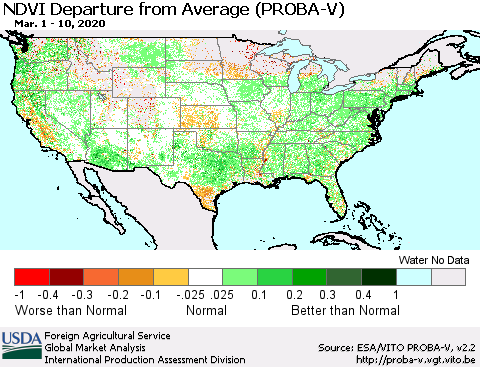 United States NDVI Departure from Average (PROBA-V) Thematic Map For 3/1/2020 - 3/10/2020