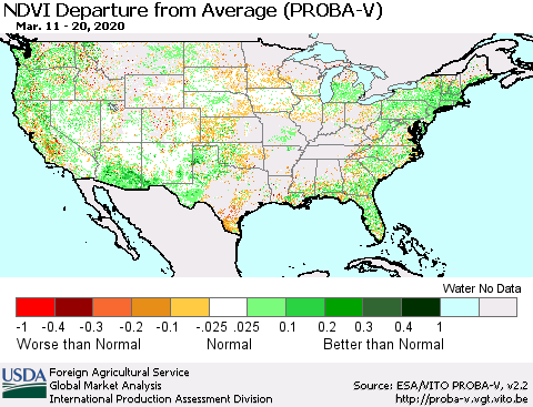 United States NDVI Departure from Average (PROBA-V) Thematic Map For 3/11/2020 - 3/20/2020