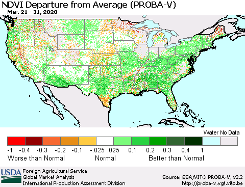 United States NDVI Departure from Average (PROBA-V) Thematic Map For 3/21/2020 - 3/31/2020