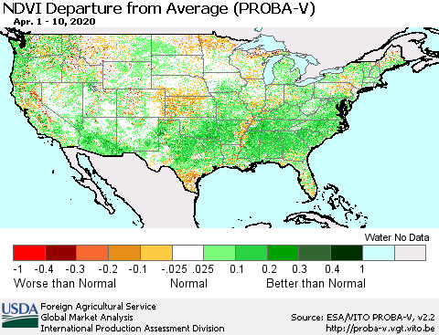 United States NDVI Departure from Average (PROBA-V) Thematic Map For 4/1/2020 - 4/10/2020