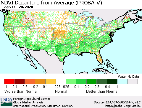 United States NDVI Departure from Average (PROBA-V) Thematic Map For 4/11/2020 - 4/20/2020