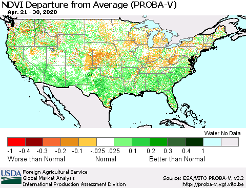 United States NDVI Departure from Average (PROBA-V) Thematic Map For 4/21/2020 - 4/30/2020
