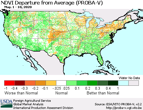 United States NDVI Departure from Average (PROBA-V) Thematic Map For 5/1/2020 - 5/10/2020