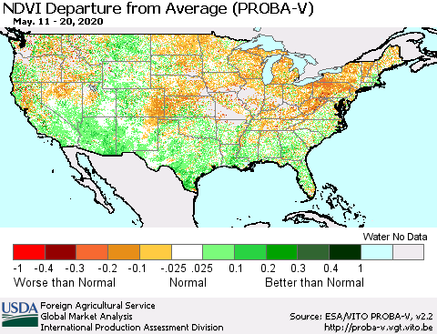 United States NDVI Departure from Average (PROBA-V) Thematic Map For 5/11/2020 - 5/20/2020