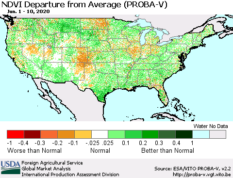 United States NDVI Departure from Average (PROBA-V) Thematic Map For 6/1/2020 - 6/10/2020