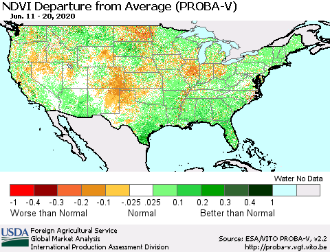United States NDVI Departure from Average (PROBA-V) Thematic Map For 6/11/2020 - 6/20/2020