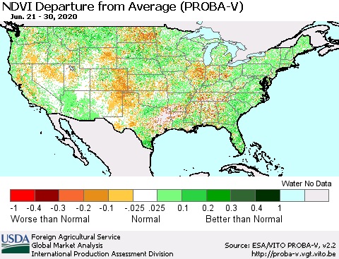 United States NDVI Departure from Average (PROBA-V) Thematic Map For 6/21/2020 - 6/30/2020
