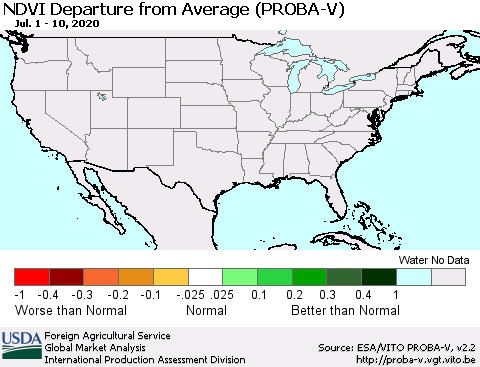 United States NDVI Departure from Average (PROBA-V) Thematic Map For 7/1/2020 - 7/10/2020