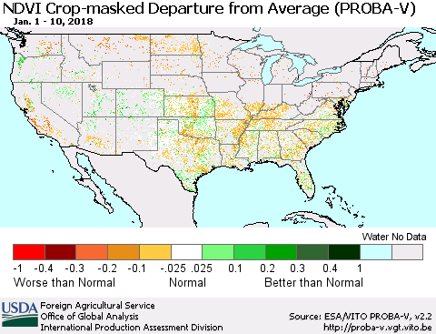 United States NDVI Crop-masked Departure from Average (PROBA-V) Thematic Map For 1/1/2018 - 1/10/2018