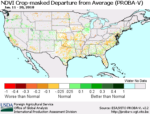 United States NDVI Crop-masked Departure from Average (PROBA-V) Thematic Map For 1/11/2018 - 1/20/2018
