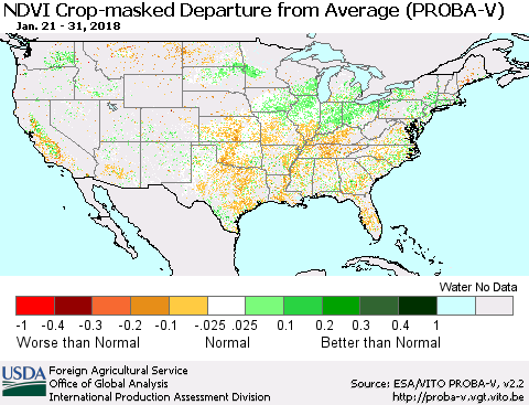 United States NDVI Crop-masked Departure from Average (PROBA-V) Thematic Map For 1/21/2018 - 1/31/2018