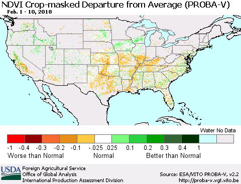 United States NDVI Crop-masked Departure from Average (PROBA-V) Thematic Map For 2/1/2018 - 2/10/2018