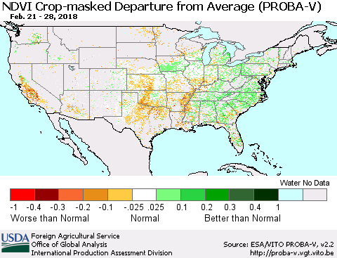 United States NDVI Crop-masked Departure from Average (PROBA-V) Thematic Map For 2/21/2018 - 2/28/2018
