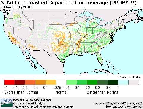 United States NDVI Crop-masked Departure from Average (PROBA-V) Thematic Map For 3/1/2018 - 3/10/2018