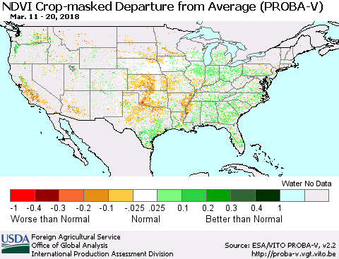 United States NDVI Crop-masked Departure from Average (PROBA-V) Thematic Map For 3/11/2018 - 3/20/2018