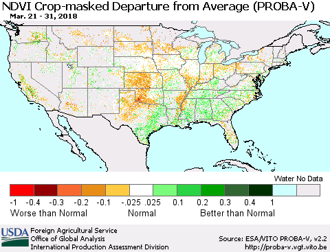 United States NDVI Crop-masked Departure from Average (PROBA-V) Thematic Map For 3/21/2018 - 3/31/2018