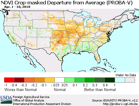 United States NDVI Crop-masked Departure from Average (PROBA-V) Thematic Map For 4/1/2018 - 4/10/2018