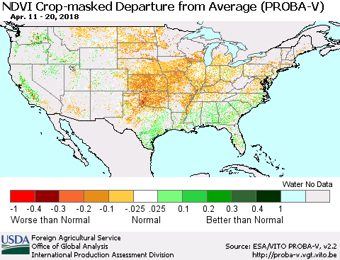 United States NDVI Crop-masked Departure from Average (PROBA-V) Thematic Map For 4/11/2018 - 4/20/2018