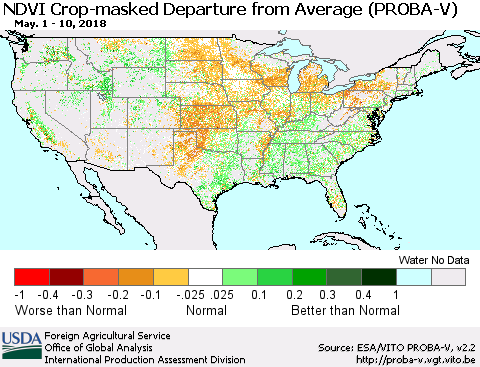 United States NDVI Crop-masked Departure from Average (PROBA-V) Thematic Map For 5/1/2018 - 5/10/2018