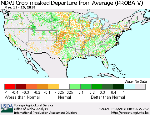 United States NDVI Crop-masked Departure from Average (PROBA-V) Thematic Map For 5/11/2018 - 5/20/2018
