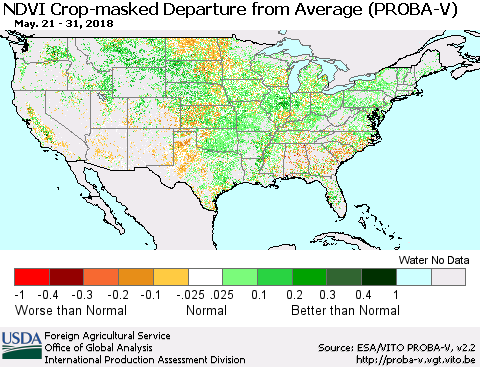 United States NDVI Crop-masked Departure from Average (PROBA-V) Thematic Map For 5/21/2018 - 5/31/2018