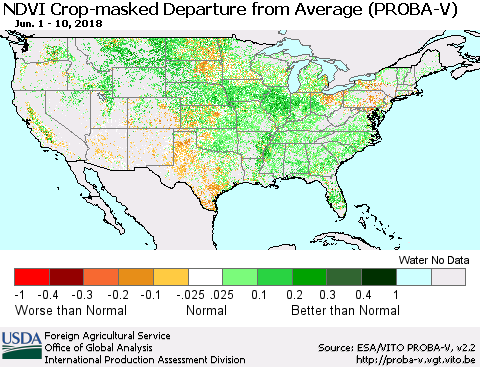 United States NDVI Crop-masked Departure from Average (PROBA-V) Thematic Map For 6/1/2018 - 6/10/2018
