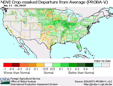 United States NDVI Crop-masked Departure from Average (PROBA-V) Thematic Map For 6/11/2018 - 6/20/2018