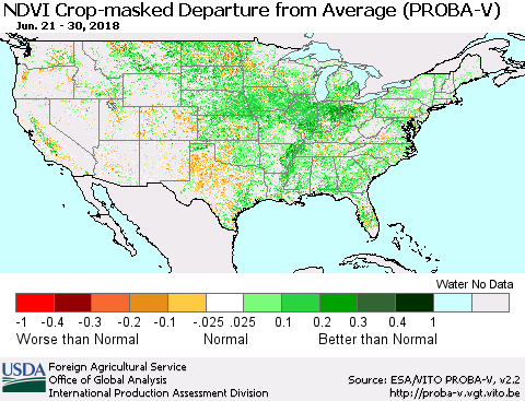 United States NDVI Crop-masked Departure from Average (PROBA-V) Thematic Map For 6/21/2018 - 6/30/2018