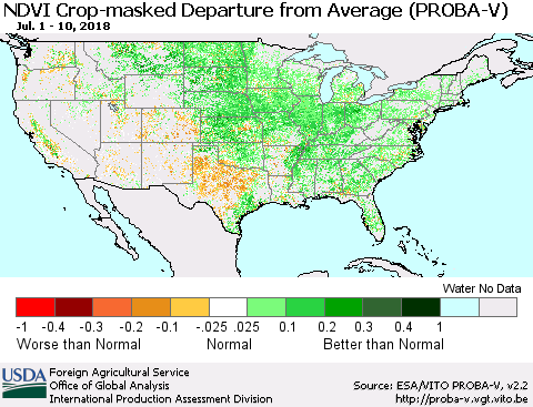 United States NDVI Crop-masked Departure from Average (PROBA-V) Thematic Map For 7/1/2018 - 7/10/2018