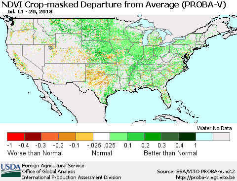 United States NDVI Crop-masked Departure from Average (PROBA-V) Thematic Map For 7/11/2018 - 7/20/2018