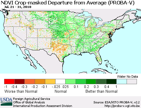 United States NDVI Crop-masked Departure from Average (PROBA-V) Thematic Map For 7/21/2018 - 7/31/2018