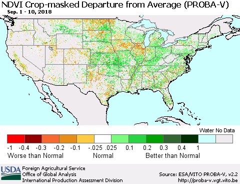 United States NDVI Crop-masked Departure from Average (PROBA-V) Thematic Map For 9/1/2018 - 9/10/2018