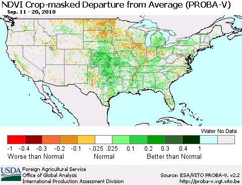 United States NDVI Crop-masked Departure from Average (PROBA-V) Thematic Map For 9/11/2018 - 9/20/2018