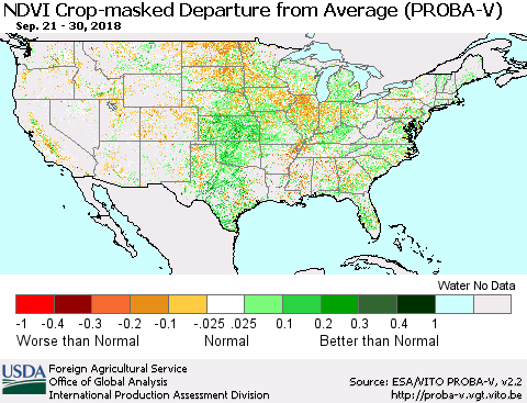 United States NDVI Crop-masked Departure from Average (PROBA-V) Thematic Map For 9/21/2018 - 9/30/2018