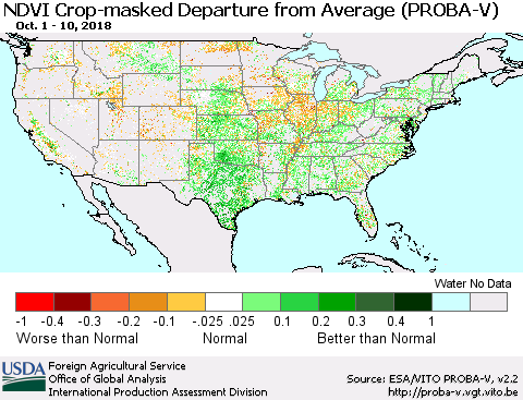 United States NDVI Crop-masked Departure from Average (PROBA-V) Thematic Map For 10/1/2018 - 10/10/2018