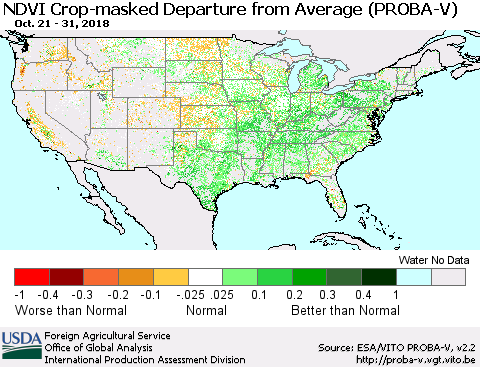 United States NDVI Crop-masked Departure from Average (PROBA-V) Thematic Map For 10/21/2018 - 10/31/2018