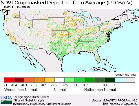 United States NDVI Crop-masked Departure from Average (PROBA-V) Thematic Map For 11/1/2018 - 11/10/2018