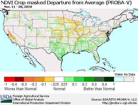 United States NDVI Crop-masked Departure from Average (PROBA-V) Thematic Map For 11/11/2018 - 11/20/2018