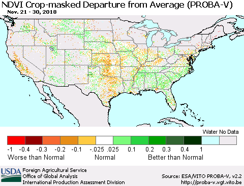 United States NDVI Crop-masked Departure from Average (PROBA-V) Thematic Map For 11/21/2018 - 11/30/2018