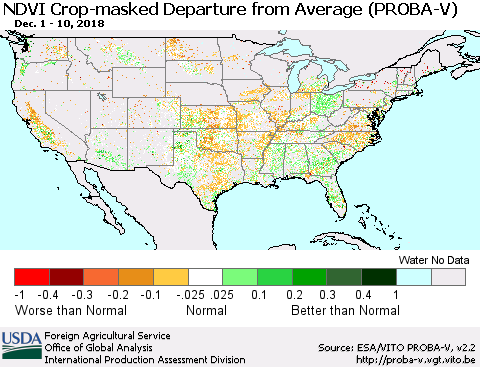 United States NDVI Crop-masked Departure from Average (PROBA-V) Thematic Map For 12/1/2018 - 12/10/2018