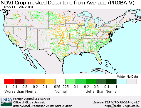United States NDVI Crop-masked Departure from Average (PROBA-V) Thematic Map For 12/11/2018 - 12/20/2018