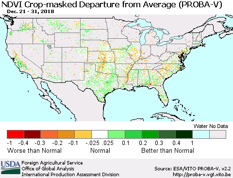 United States NDVI Crop-masked Departure from Average (PROBA-V) Thematic Map For 12/21/2018 - 12/31/2018